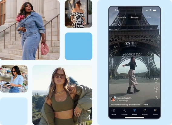 Diverse and stylish fashion and lifestyle Creators alongside a phone screen displaying the Watch Tab of the LTK app.